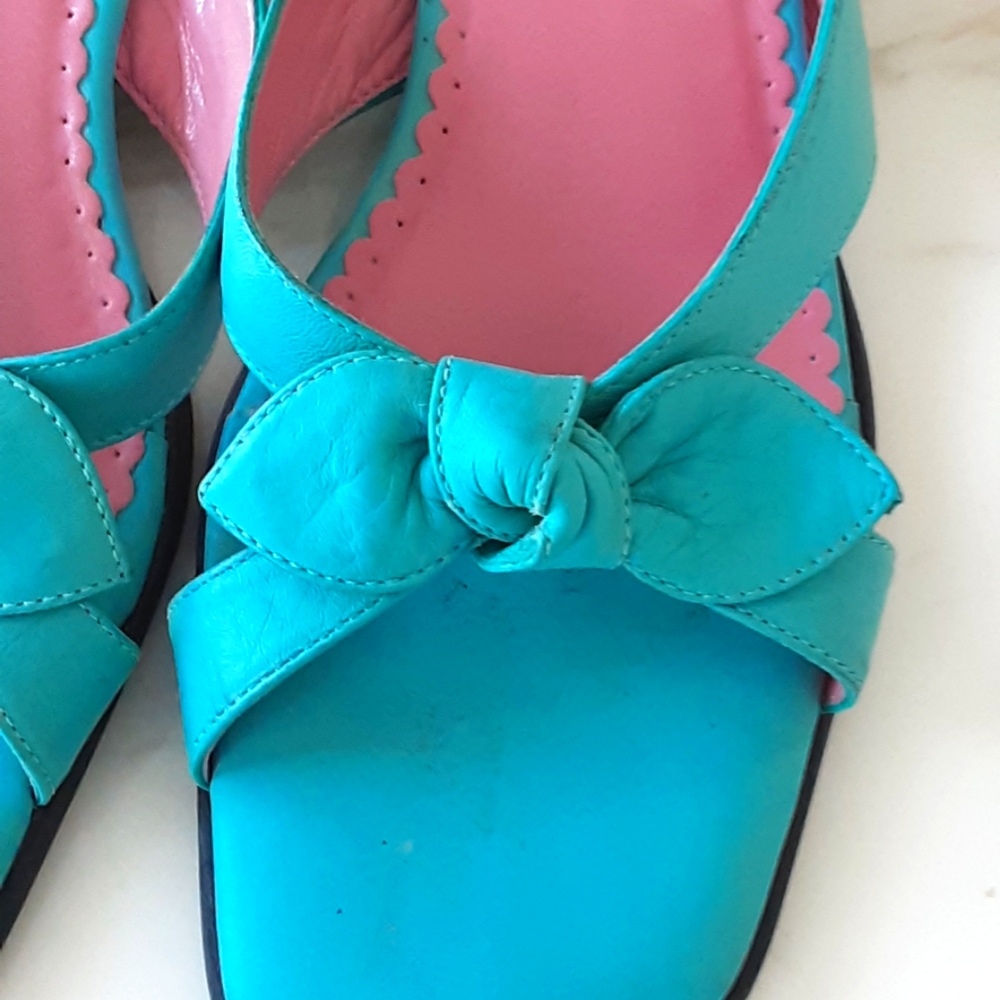 VTG 90s MICHELLE D TEAL LEATHER BOW TIE SLIDES SZ 9M - Picture 4 of 6